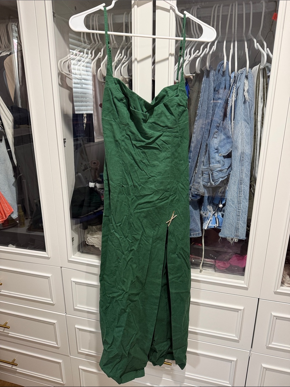 Zara Emerald Green Spaghetti-Strap Midi Dress with Front Slit